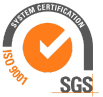 לוגו ISO 9001 של SGS בצורת סימן וי בתוך עיגול כתום עם הכיתוב "System Certification".