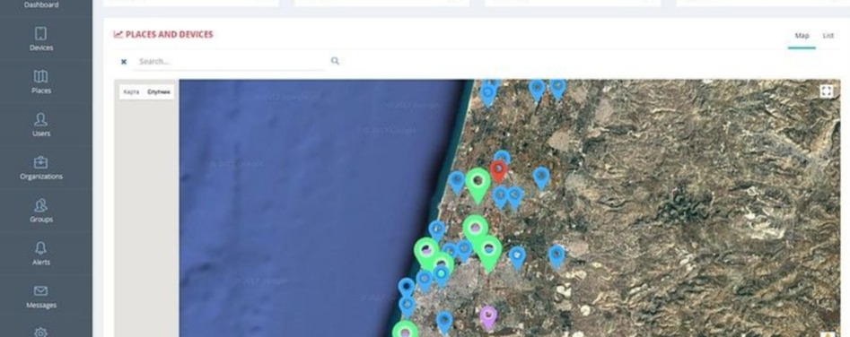 תמונה גבוהה של חלק ממפת ישראל עם נקודות ציון עליה בצבעים ירוק כחול ואדום