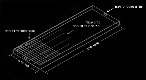 שרטוט של לסבכה העשויה ברזל עגול בקוטר 7.5 מ"מ ומוטות שטוחים של 30/4 מ"מ במרווחים של 33 מ"מ. בתמונה מופיעים גם מידות המוצר – 1000 מ"מ אורך ו-320 מ"מ רוחב.